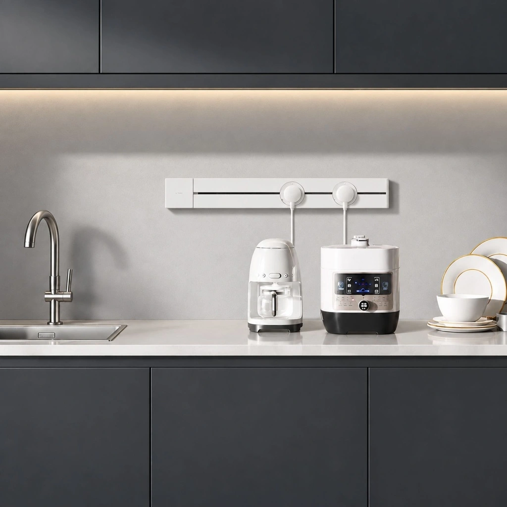 Il Power Track bianco alimenta due piccoli elettrodomestici sul piano di una cucina