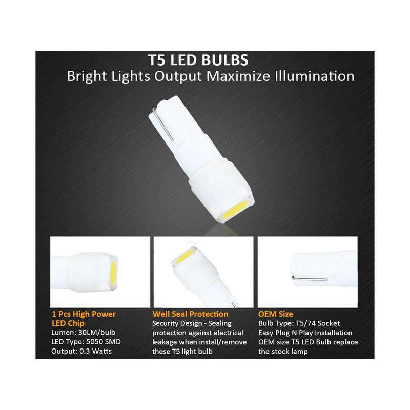 10 Lampadine Led T5 12V W1,2W Colore Bianco Con 1 Smd 5050 Luci Cruscotto Auto e Moto