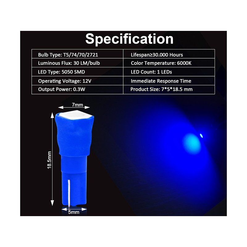 10 Lampadine Led T5 12V W1,2W Colore Blu Con 1 Smd 5050 Luci Cruscotto Auto e Moto