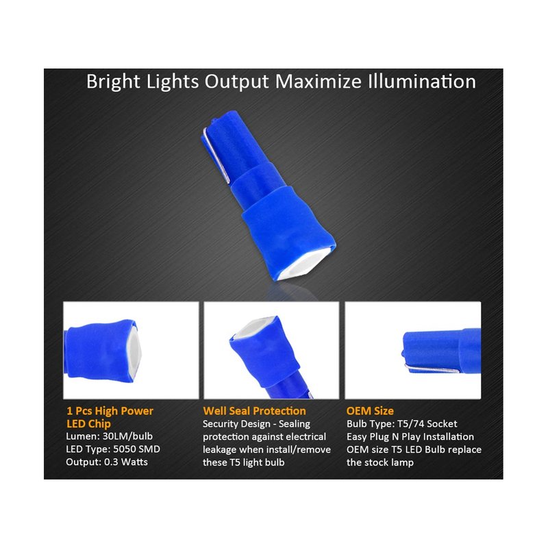 10 Lampadine Led T5 12V W1,2W Colore Blu Con 1 Smd 5050 Luci Cruscotto Auto e Moto
