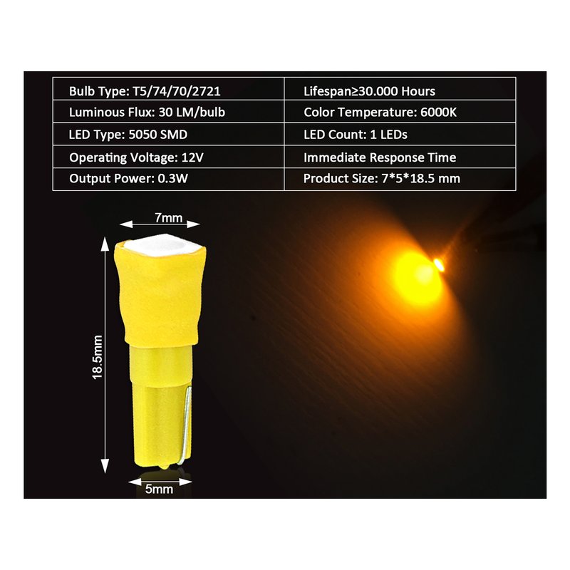 10 Lampadine Led T5 12V W1,2W Colore Giallo Arancione Con 1 Smd 5050 Luci Cruscotto Auto e Moto