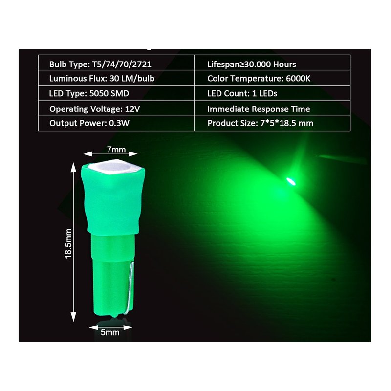 10 Lampadine Led T5 12V W1,2W Colore Verde Con 1 Smd 5050 Luci Cruscotto Auto e Moto