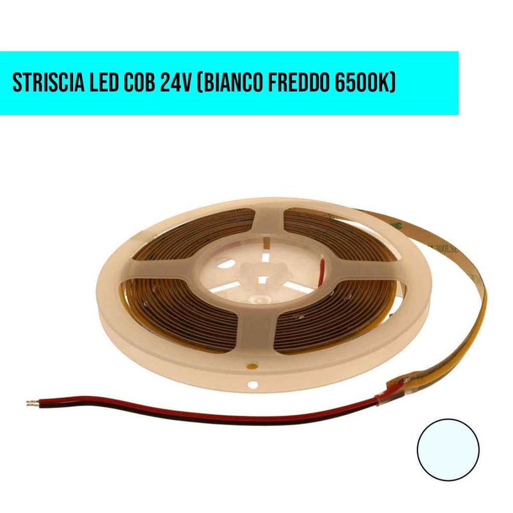 Bobina Striscia Striscia LED COB 528 24V, 10W/M, Dimmerabile PWM, Tagliabile Ovunque, IP20, Efficienza 95lm/W, CRI>90, CE, Durata 30000 Ore, 6500K Bianco Freddo MS12636