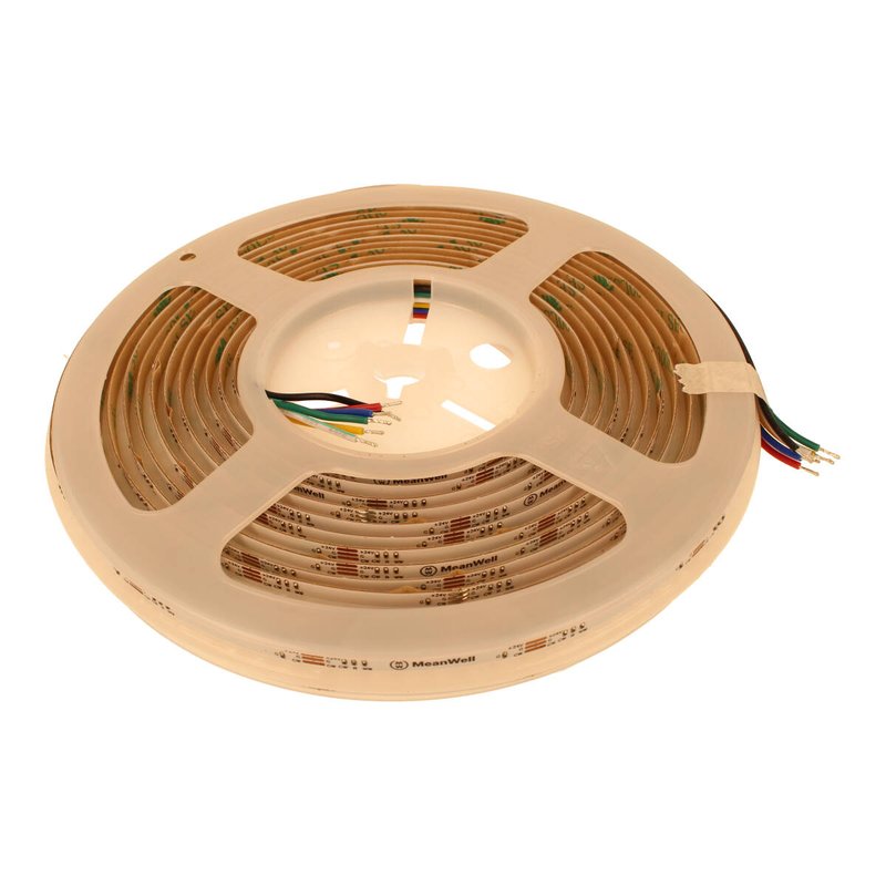 MeanWell Bobina Striscia LED RGBCW COB910 24V, 18W/M, Dimmerabile PWM, Tagliabile ogni 3,85cm IP20, Luce RGB + CCT 2700K-6500K, CRI>90, CE, Durata 30000 Ore