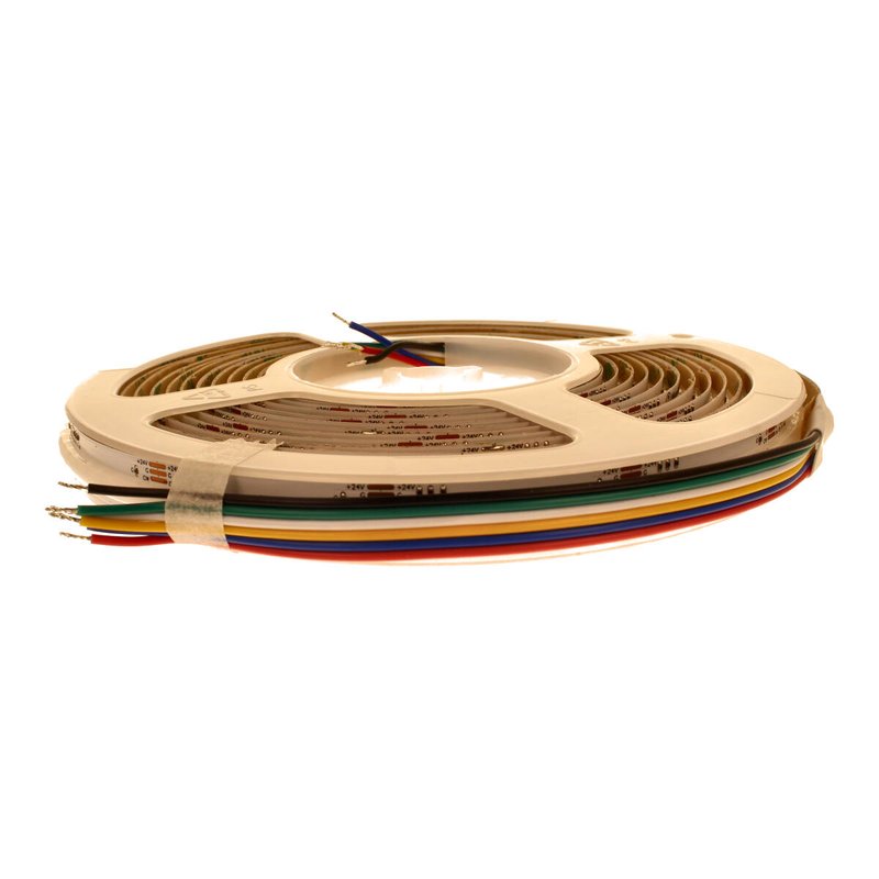 MeanWell Bobina Striscia LED RGBCW COB910 24V, 18W/M, Dimmerabile PWM, Tagliabile ogni 3,85cm IP20, Luce RGB + CCT 2700K-6500K, CRI>90, CE, Durata 30000 Ore