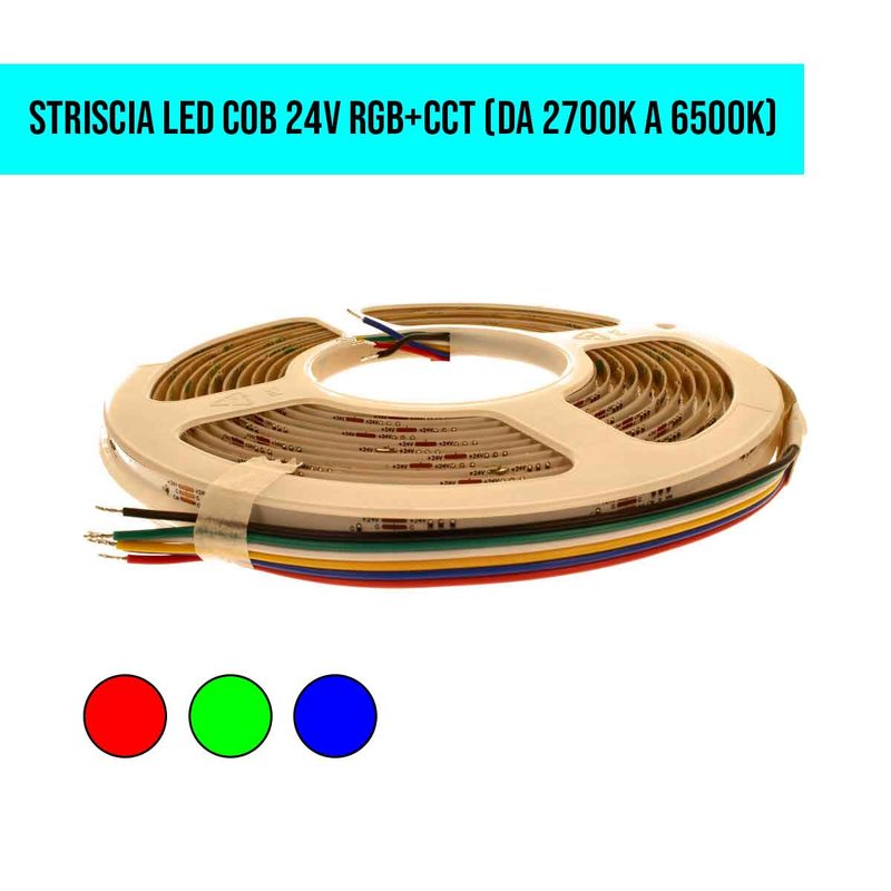 MeanWell Bobina Striscia LED RGBCW COB910 24V, 18W/M, Dimmerabile PWM, Tagliabile ogni 3,85cm IP20, Luce RGB + CCT 2700K-6500K, CRI>90, CE, Durata 30000 Ore