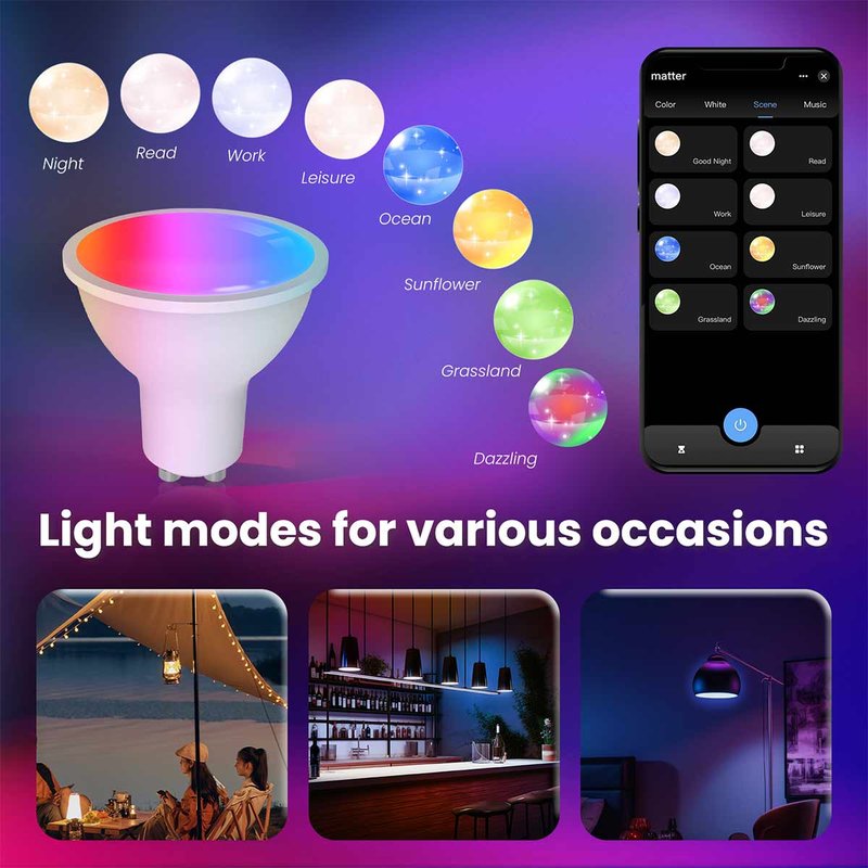 Lampadina Matter LED Wifi Smart Multicolore RGB Dimmerabile Lampada Faretto GU10 4,7W 400Lm App Compatibile con Amazon Alexa e Google Home