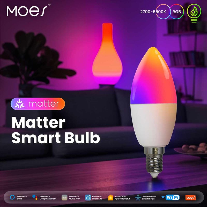 Lampadina Matter LED Wifi Smart Multicolore RGB Dimmerabile E14 6W 470Lm App Compatibile con Amazon Alexa e Google Home