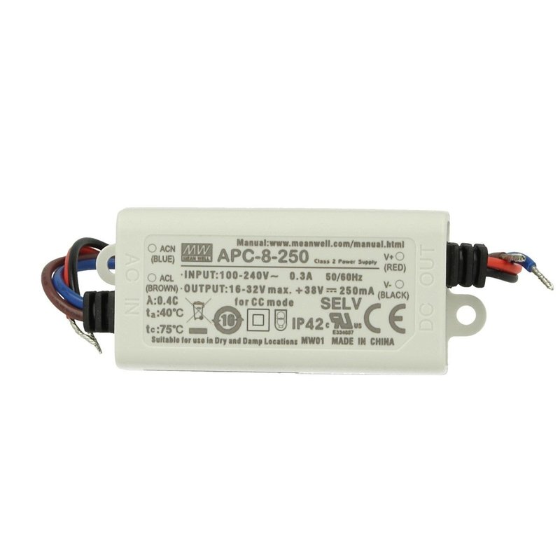 Led Driver CC MeanWell APC-8-250 Trasformatore 250mA 16V-32V DC 8W Corrente Costante IP42