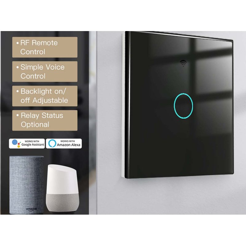 Interruttore Wifi Da Parete 86X86 Pannello Touch 1 Tasto Colore Nero WiFi + RF 433 Compatibile con Amazon Alexa e Google Home