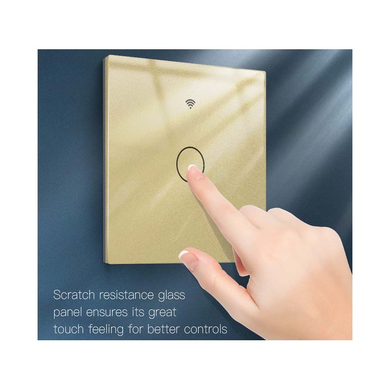 Interruttore Wifi Da Parete 86X86 Pannello Touch 1 Tasto Colore Oro WiFi + RF 433 Compatibile con Amazon Alexa e Google Home