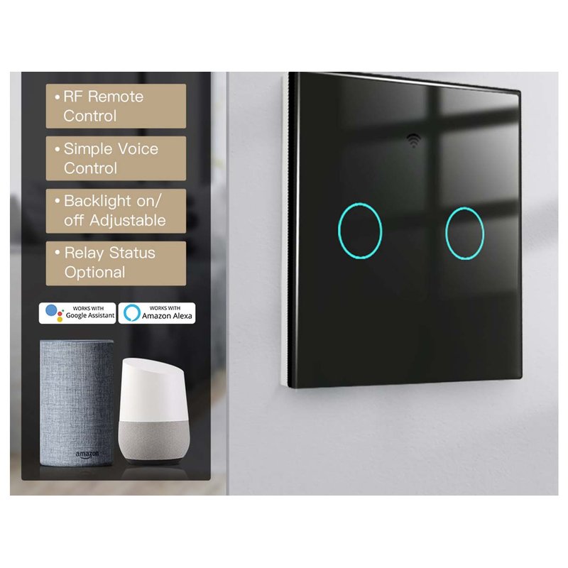 Interruttore Wifi Da Parete 86X86 Pannello Touch 2 Tasti Colore Nero WiFi + RF 433 Compatibile con Amazon Alexa e Google Home