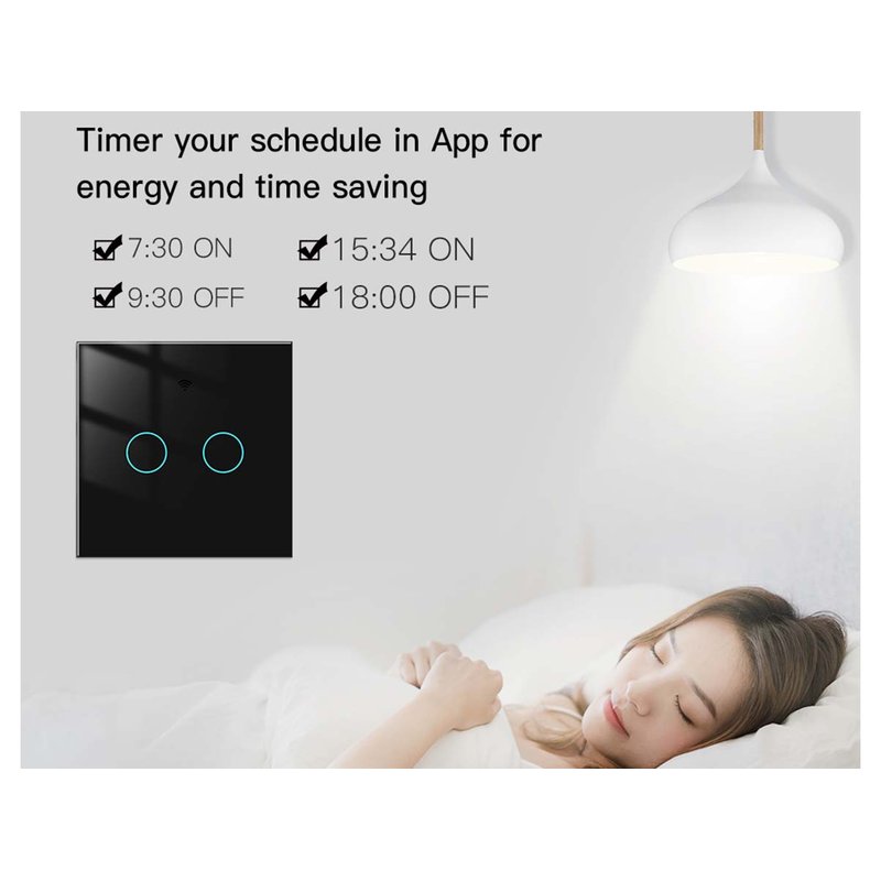 Interruttore Wifi Da Parete 86X86 Pannello Touch 2 Tasti Colore Nero WiFi + RF 433 Compatibile con Amazon Alexa e Google Home