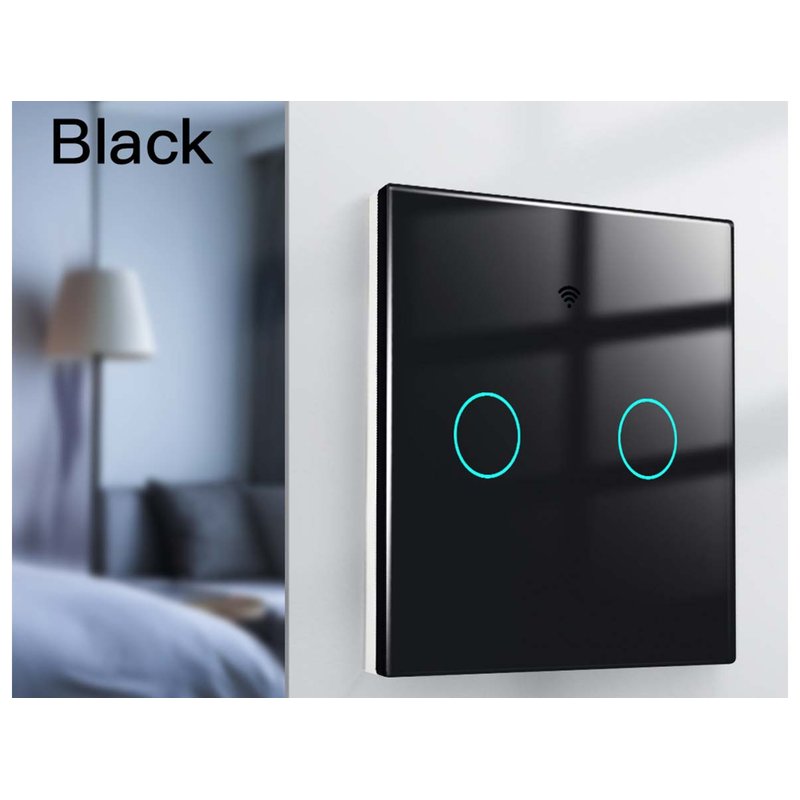Interruttore Wifi Da Parete 86X86 Pannello Touch 2 Tasti Colore Nero WiFi + RF 433 Compatibile con Amazon Alexa e Google Home