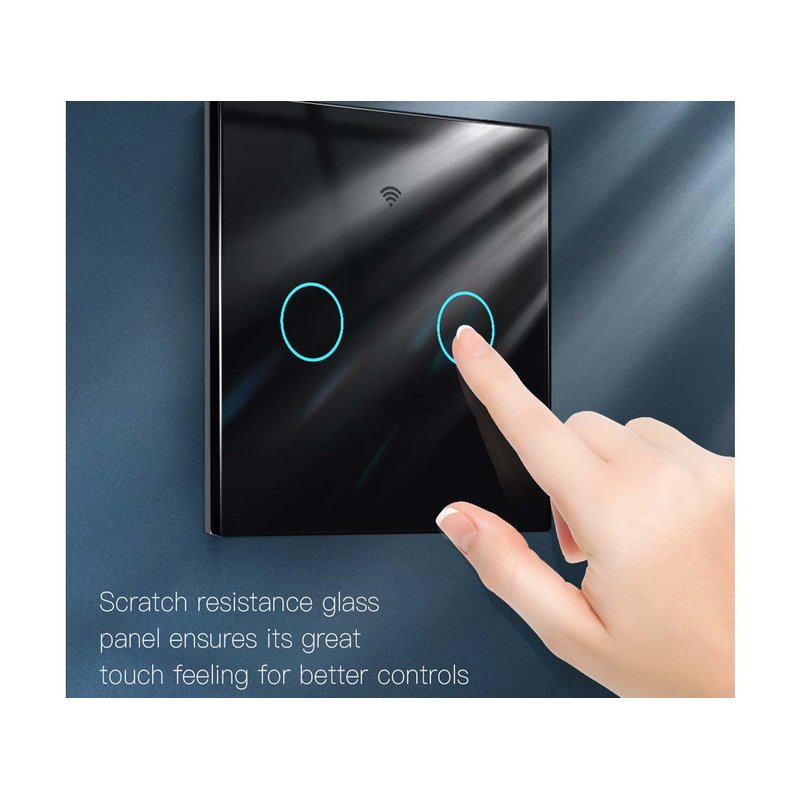 Interruttore Wifi Da Parete 86X86 Pannello Touch 2 Tasti Colore Nero WiFi + RF 433 Compatibile con Amazon Alexa e Google Home