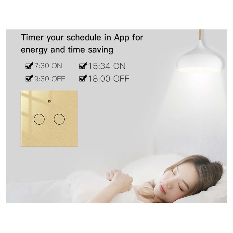 Interruttore Wifi Da Parete 86X86 Pannello Touch 2 Tasti Colore Oro WiFi + RF 433 Compatibile con Amazon Alexa e Google Home