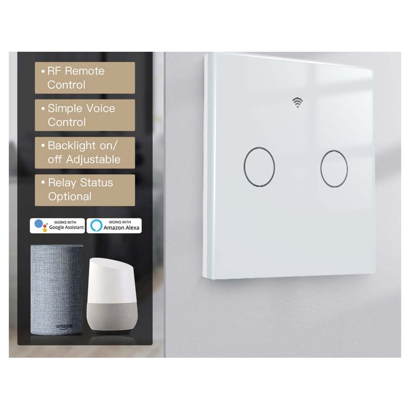 Interruttore Wifi Da Parete 86X86 Pannello Touch 2 Tasti Colore Bianco WiFi + RF 433 Compatibile con Amazon Alexa e Google Home