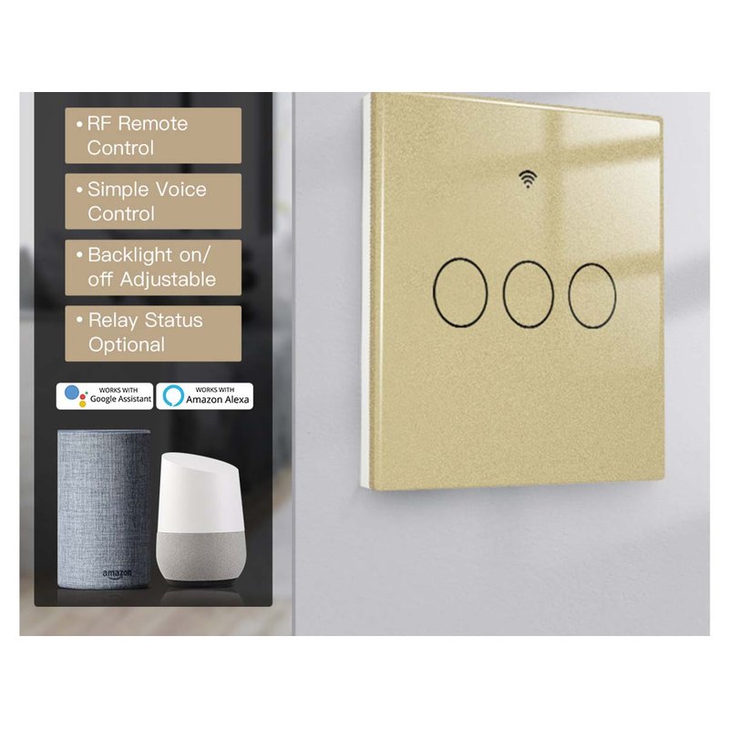 Interruttore Wifi Da Parete 86X86 Pannello Touch 3 Tasti Colore Oro WiFi + RF 433 Compatibile con Amazon Alexa e Google Home