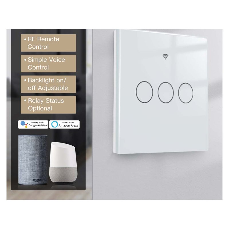 Interruttore Wifi Da Parete 86X86 Pannello Touch 3 Tasti Colore Bianco WiFi + RF 433 Compatibile con Amazon Alexa e Google Home