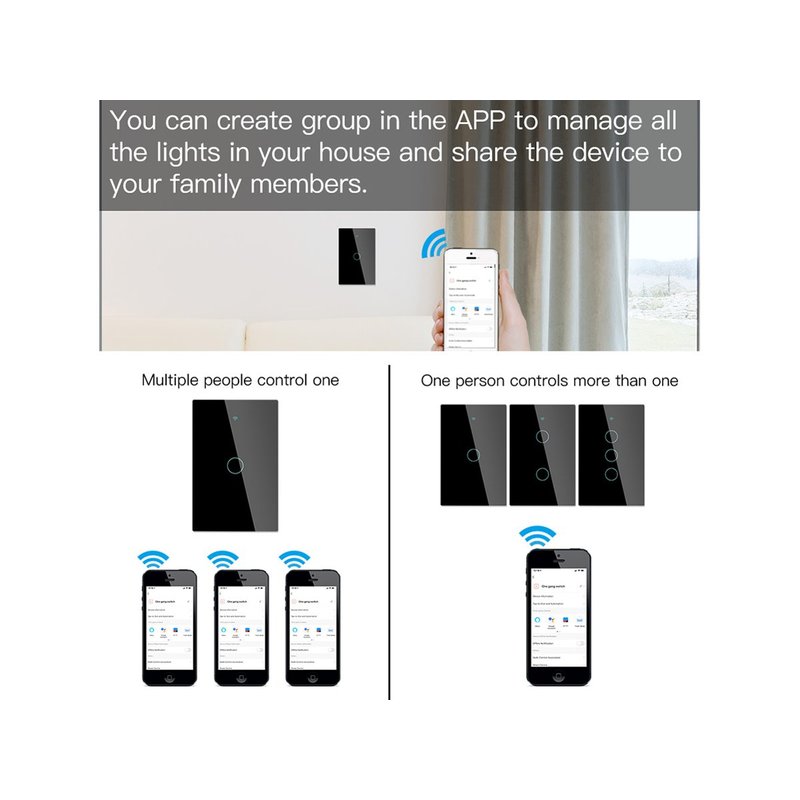 Interruttore Wifi Da Parete Pannello Touch 1 Tasto Colore Nero WiFi + RF 433 Compatibile con Amazon Alexa e Google Home