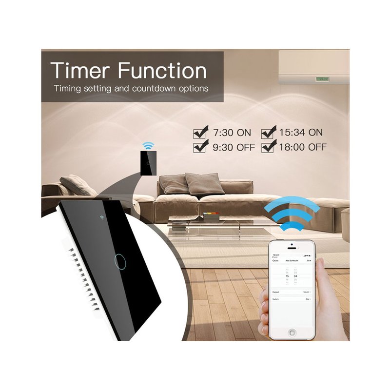 Interruttore Wifi Da Parete Pannello Touch 1 Tasto Colore Nero WiFi + RF 433 Compatibile con Amazon Alexa e Google Home