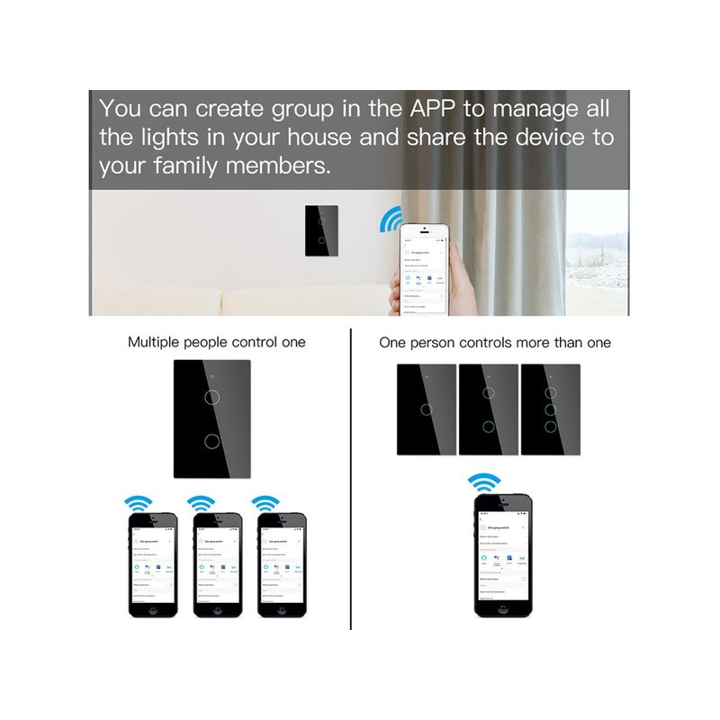 Interruttore Wifi Da Parete Pannello Touch 2 Tasti Colore Nero WiFi + RF 433 Compatibile con Amazon Alexa e Google Home