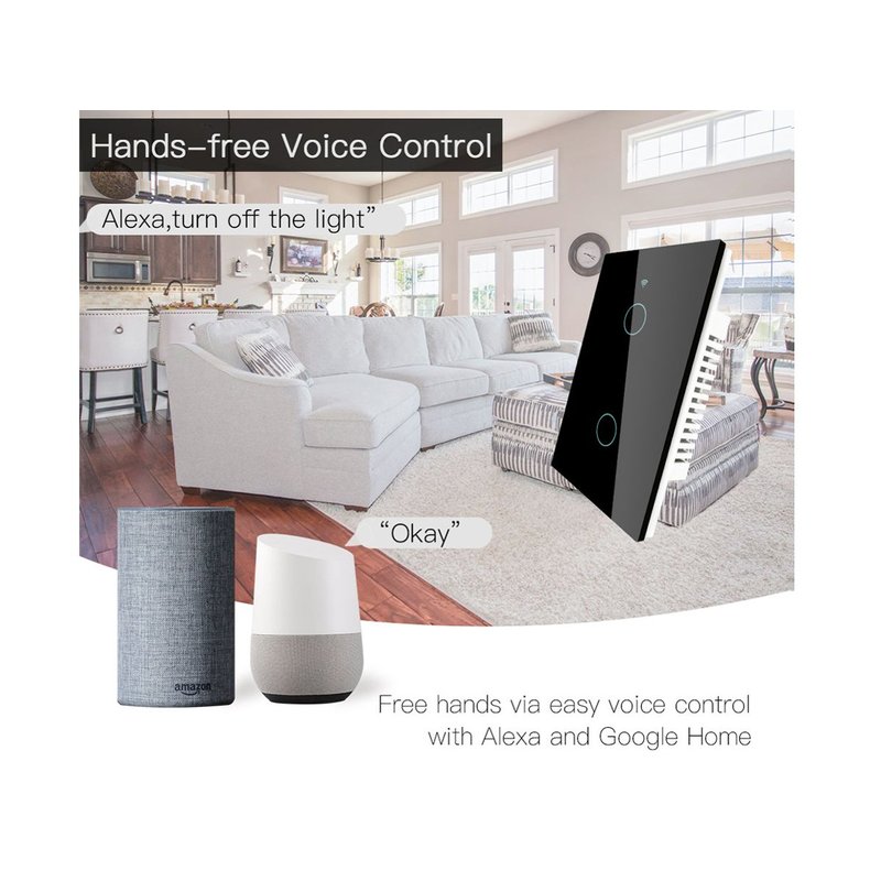 Interruttore Wifi Da Parete Pannello Touch 2 Tasti Colore Nero WiFi + RF 433 Compatibile con Amazon Alexa e Google Home