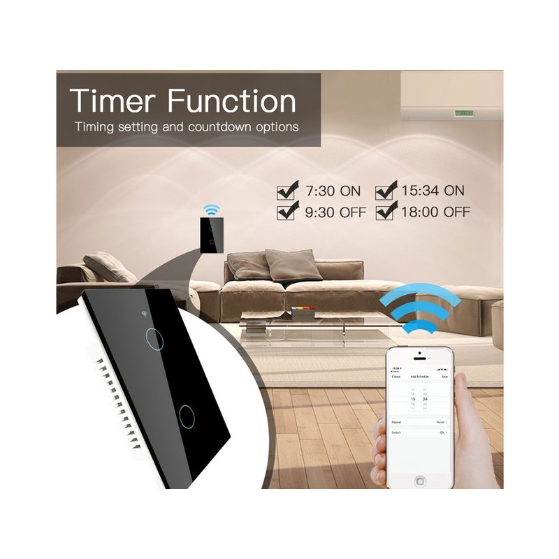 Interruttore Wifi Da Parete Pannello Touch 2 Tasti Colore Nero WiFi + RF 433 Compatibile con Amazon Alexa e Google Home