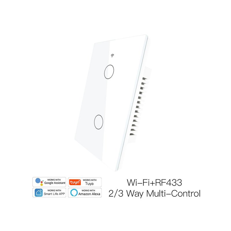 Interruttore Wifi Da Parete Pannello Touch 2 Tasti Colore Bianco WiFi + RF 433 Compatibile con Amazon Alexa e Google Home