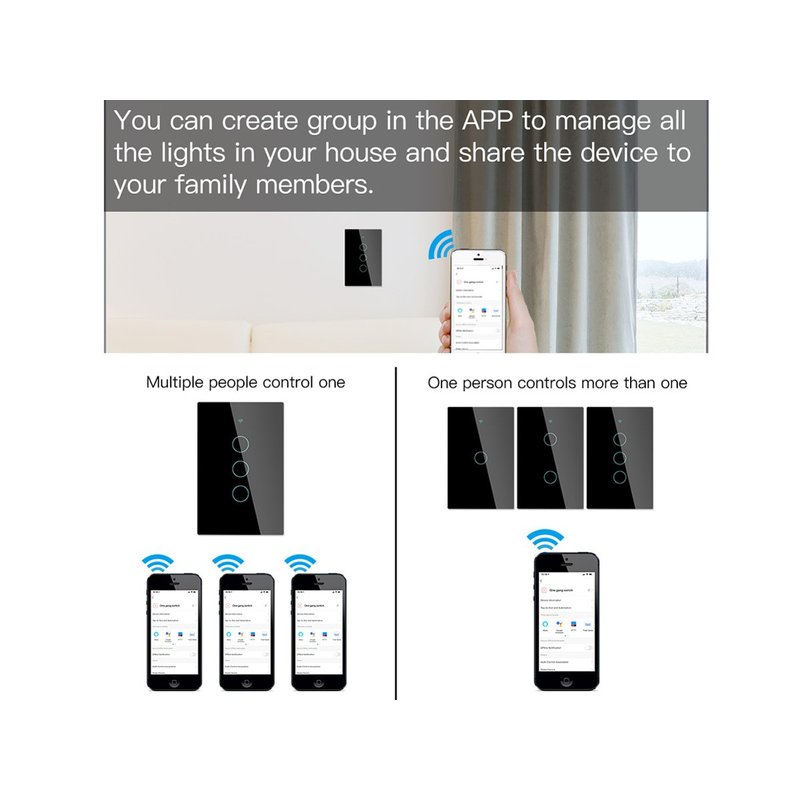 Interruttore Wifi Da Parete Pannello Touch 3 Tasti Colore Nero WiFi + RF 433 Compatibile con Amazon Alexa e Google Home