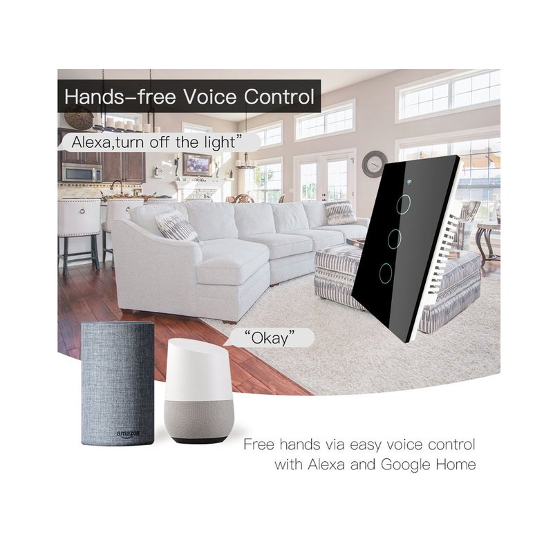 Interruttore Wifi Da Parete Pannello Touch 3 Tasti Colore Nero WiFi + RF 433 Compatibile con Amazon Alexa e Google Home