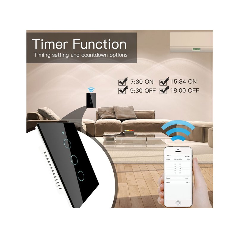 Interruttore Wifi Da Parete Pannello Touch 3 Tasti Colore Nero WiFi + RF 433 Compatibile con Amazon Alexa e Google Home