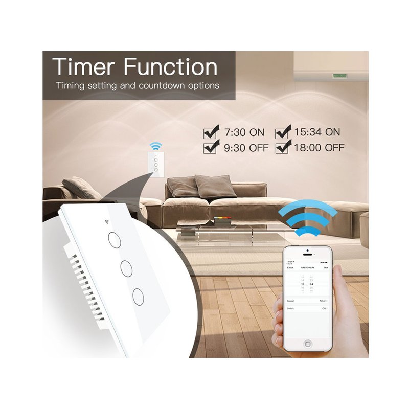Interruttore Wifi Da Parete Pannello Touch 3 Tasti Colore Bianco WiFi + RF 433 Compatibile con Amazon Alexa e Google Home