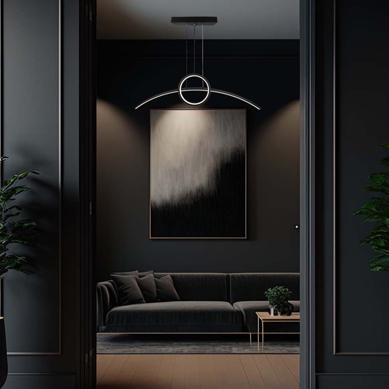 Lampadario LED a Sospensione 30W 3200lm dal Design Moderno Anello e Barra Curvata Colore Nero 4000K SKU-6933