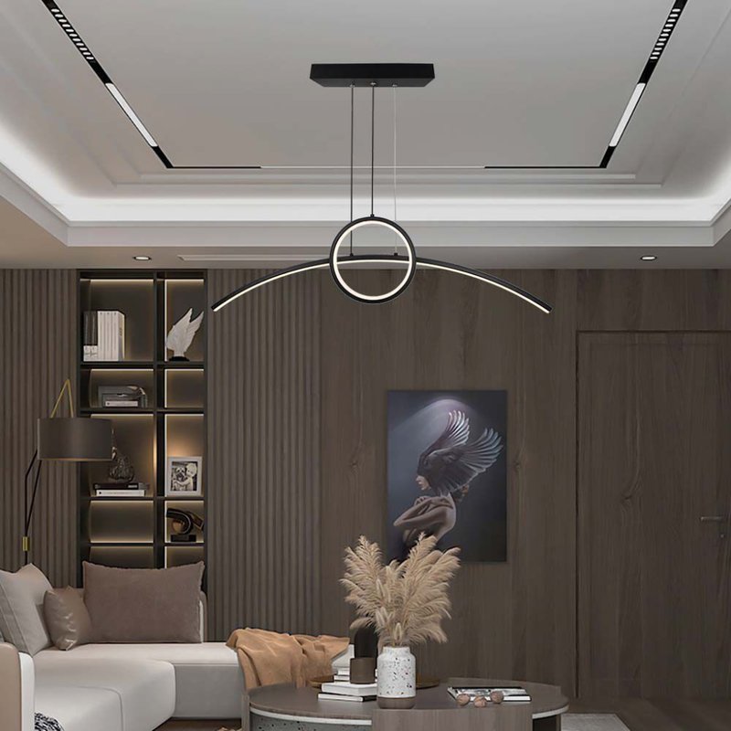Lampadario LED a Sospensione 30W 3200lm dal Design Moderno Anello e Barra Curvata Colore Nero 4000K SKU-6933