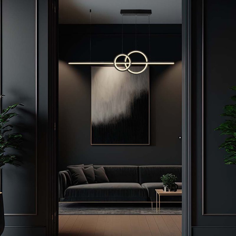 Lampadario LED a Sospensione 15W 1500lm dal Design Moderno 2 Anelli + Barra Led Colore Nero 4000K SKU-6935