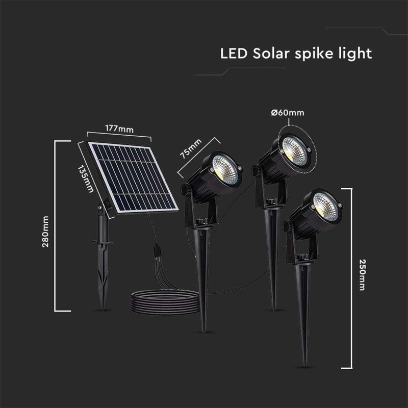 Faretti LED da Giardino 3*1.2W con Picchetto e Pannello Solare Colore Nero 3000K IP65 SKU-20489