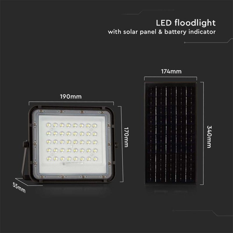 Faro LED con Telecomando e Pannello Solare 10W 800LM Indicatore Batteria Cavo da 3m Colore Nero 4000K SKU-7824