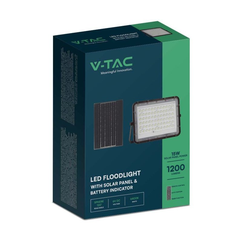 Faro LED con Telecomando e Pannello Solare 15W 1200LM Indicatore Batteria Cavo da 3m Colore Nero 4000K SKU-7826