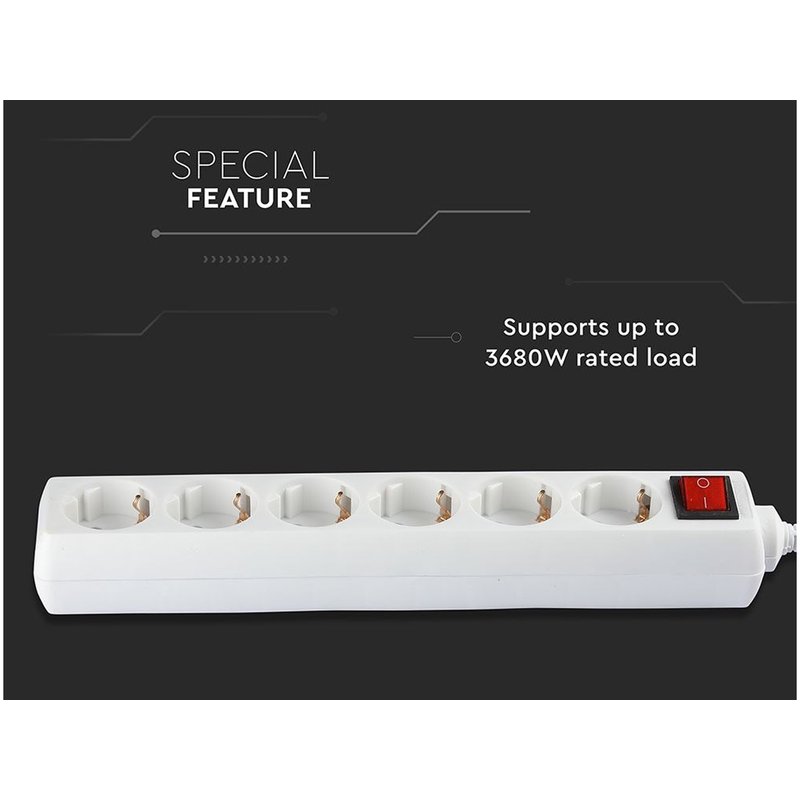 Multipresa Ciabatta Elettrica 6 Posti Schuko Spina Tipo Ibrido F + E Cavo Lunga 5 Metri Con Interruttore SKU-8769