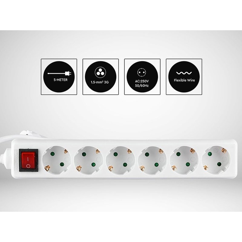 Multipresa Ciabatta Elettrica 6 Posti Schuko Spina Tipo Ibrido F + E Cavo Lunga 5 Metri Con Interruttore SKU-8769