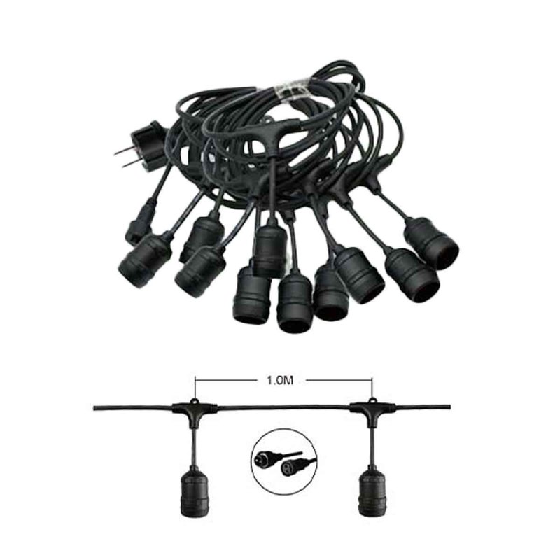 11M Catena Luminosa Esterno 10 Portalampada E27 Da 11 Metri Cavo Nero Prolungabile IP65 Outdoor Giardino Terrazzo Cortile | 11 M, NERO
