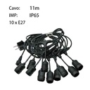 11M Catena Luminosa Esterno 10 Portalampada E27 Da 11 Metri Cavo Nero Prolungabile IP65 Outdoor Giardino Terrazzo Cortile | 11 M, NERO