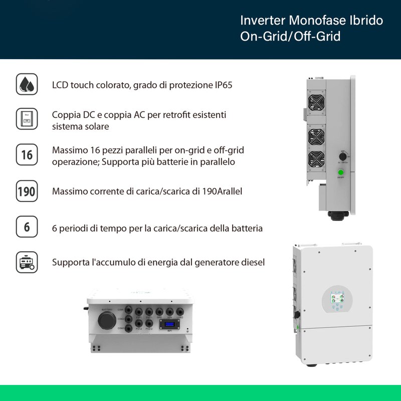 Inverter Fotovoltaico Monofase, Ibrido On-Grid/Off-Grid, Certificato CEI 0-21, Schermo LCD Touch a Colori, Smart Meter Integrato, WiFi e TA Inclusi, Garanzia 10 Anni, IP65 (8KW)