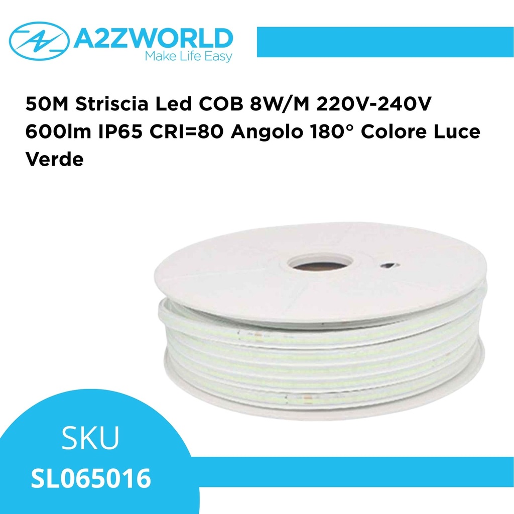 Striscia Luminosa COB 50M 8W/M 220V-240V 600lm IP65 CRI=80 Angolo 180° Colore Luce Verde