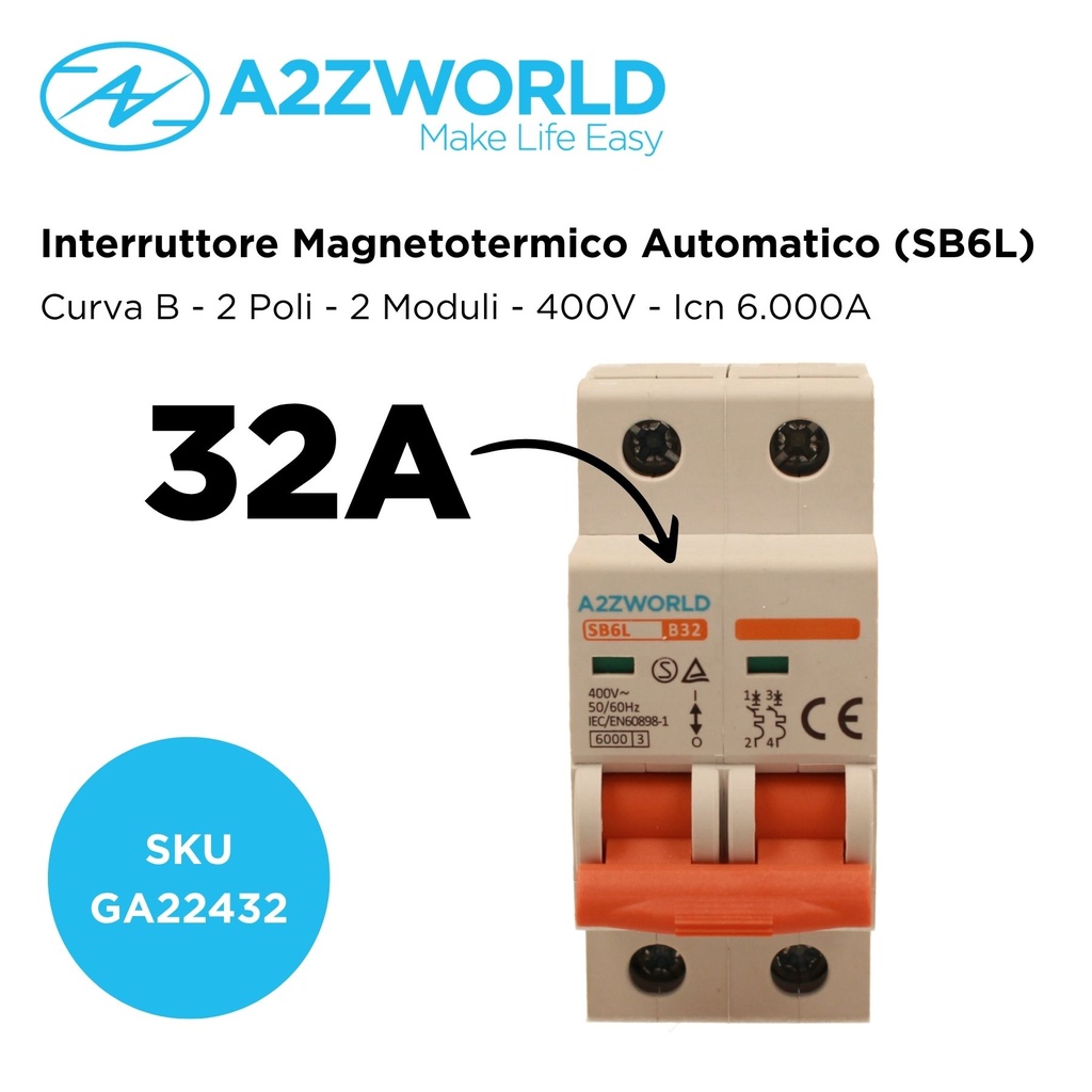 MCB Interruttore Magnetotermico Automatico Curva B 2P 2M 6000A B32A AC 400V IP20 IEC60898-1 SB6L