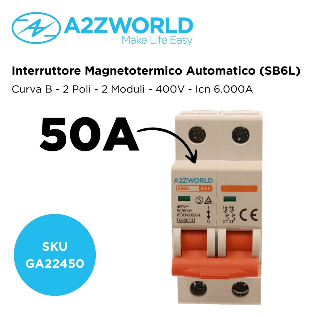 MCB Interruttore Magnetotermico Automatico Curva B 2P 2M 6000A B50A AC 400V IP20 IEC60898-1 SB6L