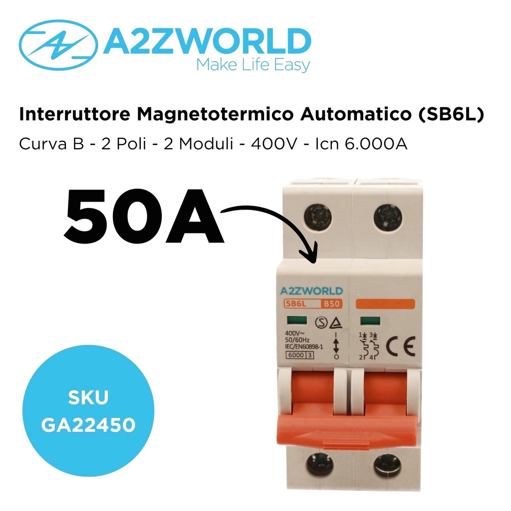 MCB Interruttore Magnetotermico Automatico Curva B 2P 2M 6000A B50A AC 400V IP20 SB6L