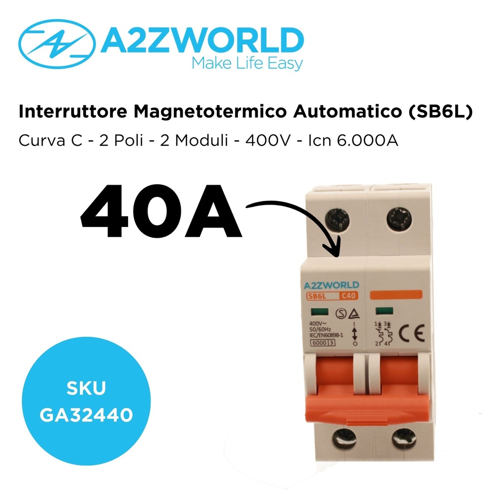 MCB Interruttore Magnetotermico Automatico Curva C 2P 2M 6000A C40A AC 400V IP20 IEC60898-1 SB6L