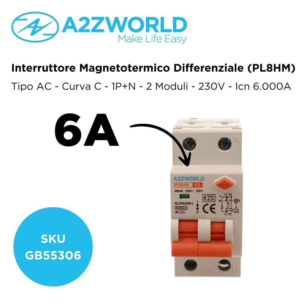 RCBO Doppia Leva, Interruttore Magnetotermico Differenziale Tipo AC Curva C 1P+N 2M 6000A 30mA C6A AC 230V IP20 IEC61009-1 PL8HM